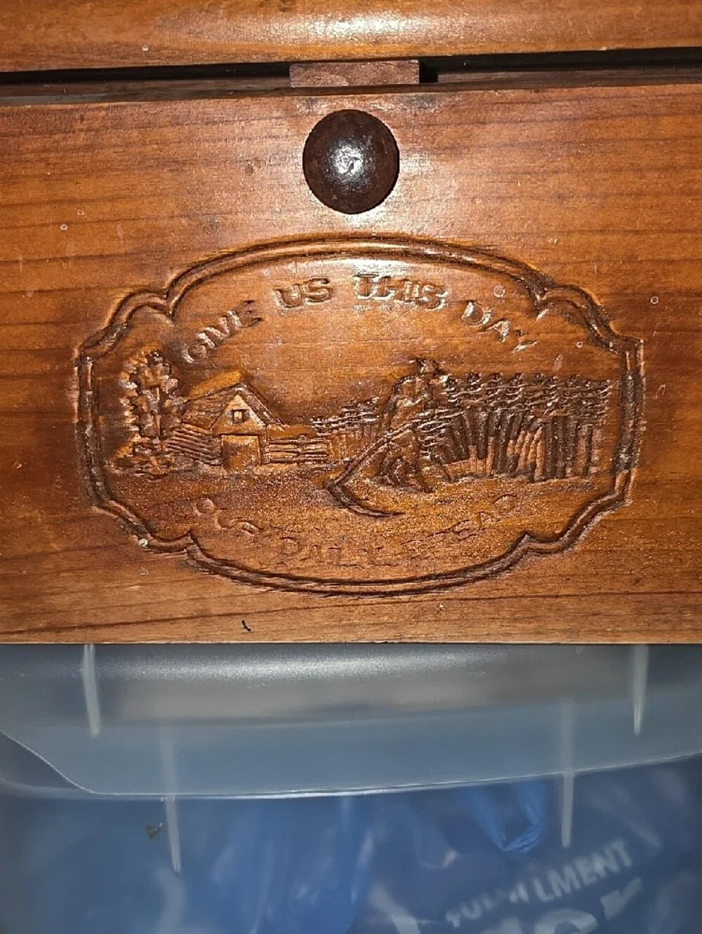 Wooden Bread Box with Carved Front - Warm Brown